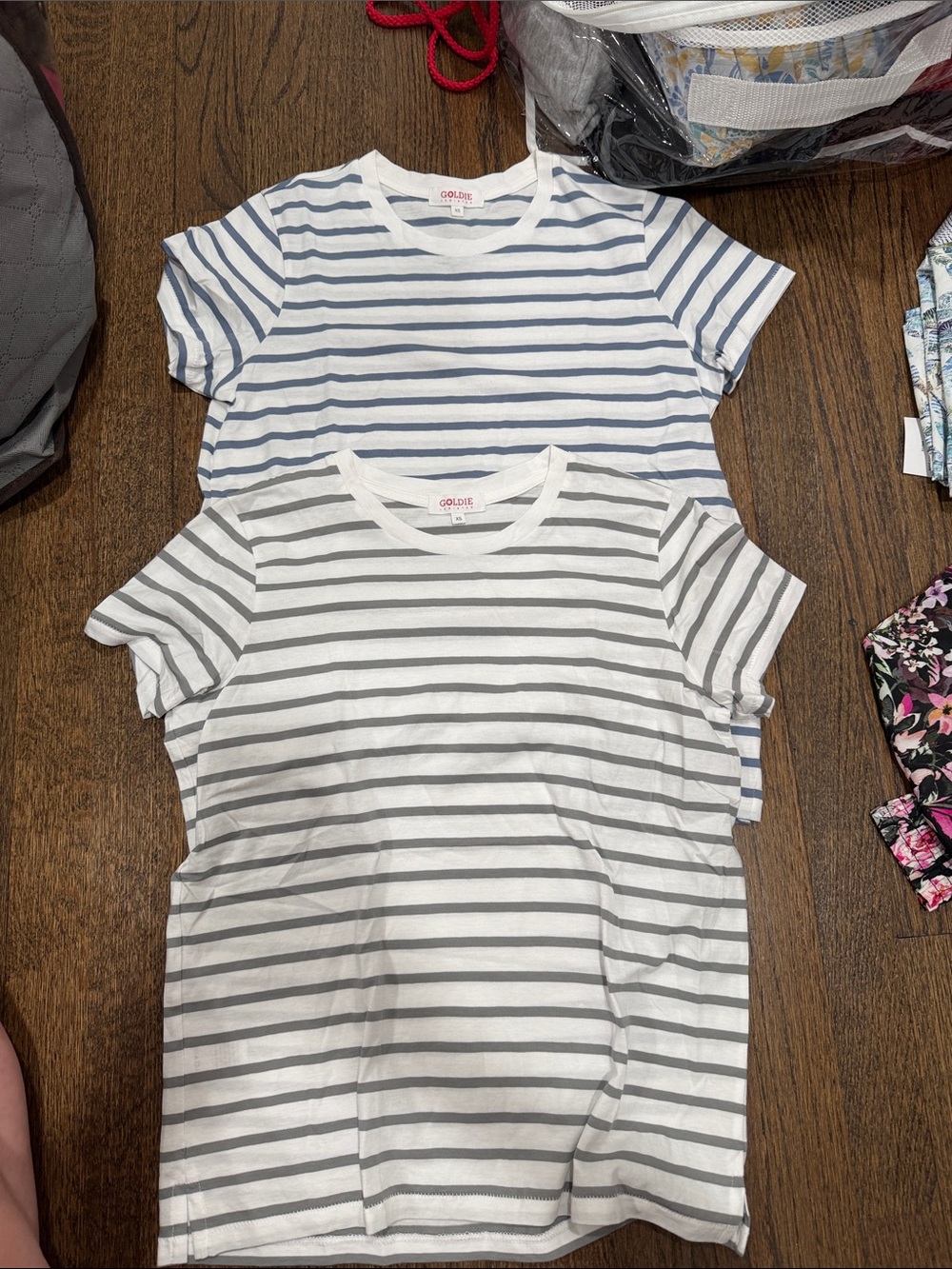 Set of 2 Goldie Striped Short-Sleeve Tees White/Blue & White/Gray- BNWT